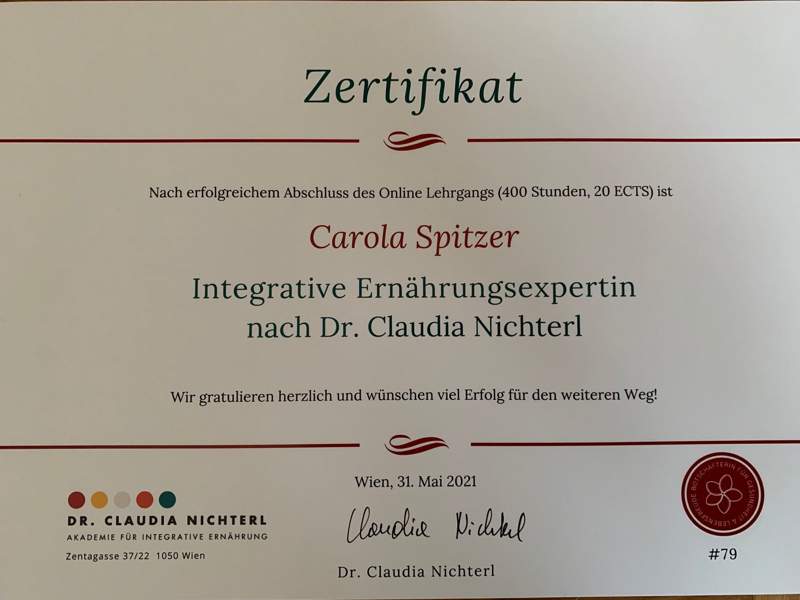 Zertifikat von Inhaberin Carola Spitzer