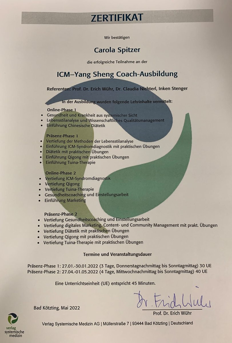 Ausbildung zum Yang Sheng Coach von Inhaberin Carola Spitzer